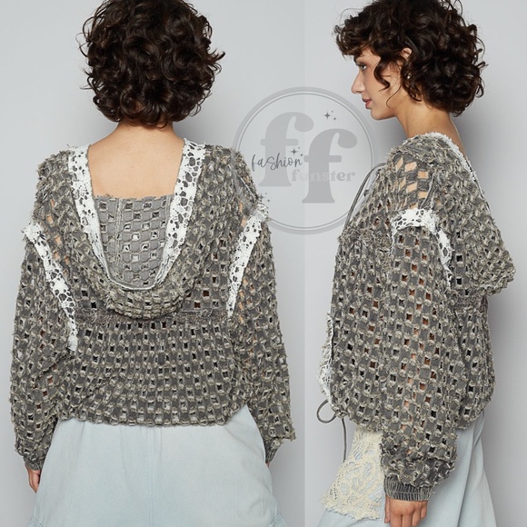 POL Black Laser Cut Openwork Crochet Lace Up Hoodie Top - Picture 4 of 6